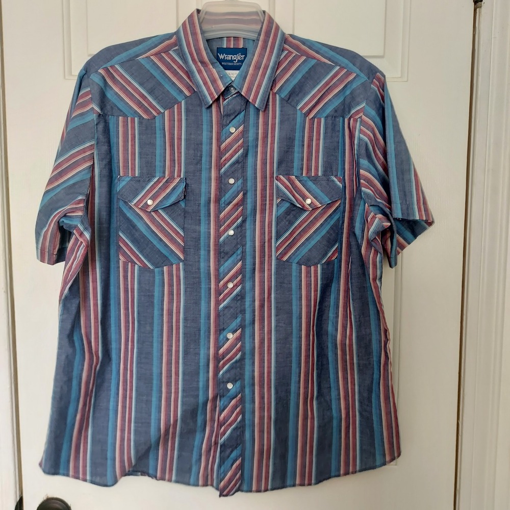 Wrangler Western Shirt Mens XL Blue Red Striped Short Sleeve Pearl Snap 76201AA